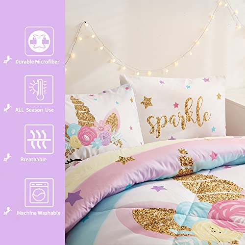 Cokouchyi Full Size Comforter Set for Girls, 5-Piece Bed in a Bag, 3D Colorful Unicorn Bedding Comforter Sheet Set, Ultra Soft and Fluffly, Pink & Rainbow Color