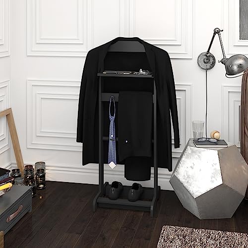 RELAHOGAR Men's Valet Stand, Black Wooden Clothes Stand with Tray, Freestanding Garment Rack Organizer for Enterway Office Bedroom