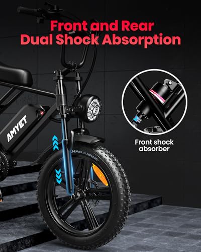 AMYET V9-G60 Electric Bike for Adults, 20" Fat Tire Electric Bike, 1000W/Peak 1500W Ebike with 48V20Ah Removable Battery, 30 MPH Shimano 7 Speed Gears, Dual Shock Absorber (Black)