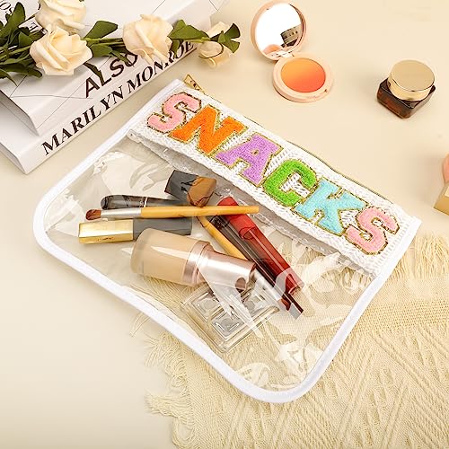 TOSOUATOP Makeup Bag With Glitter Chenille Letter, Clear Snack Letter Bag, Beach Bag, 【High-Capacity】, 【Woven Design】, 【Waterproof Material】, Travel Makeup Bag for Women/Girls，White-SNACKS