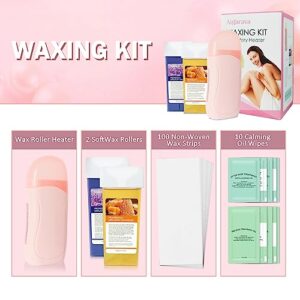 Aigarava Roll On Wax Kit, Waxing Kit for Women and Men, Wax Roller Kit for Hair Removal with Wax Melter, 100Pcs Wax Strips and Calming Oil Wipes, Wax Kit for Silky Smooth Legs, Arms and Bikini Area