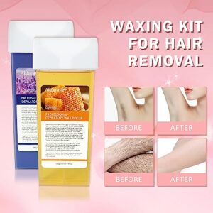 Aigarava Roll On Wax Kit, Waxing Kit for Women and Men, Wax Roller Kit for Hair Removal with Wax Melter, 100Pcs Wax Strips and Calming Oil Wipes, Wax Kit for Silky Smooth Legs, Arms and Bikini Area