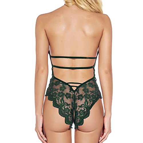 Qopobobo Sexy Lengerie for Women Naughty Women One Piece Lingerie Deep V Teddy Sexy Lace Hollow Bodysuit Halter Roleplay Green