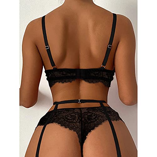 Qopobobo Sexy Lengerie for Women Naughty Lace Garter Lingerie Set with 3pcs Removable Choker Strappy Bra and Panty Set Black