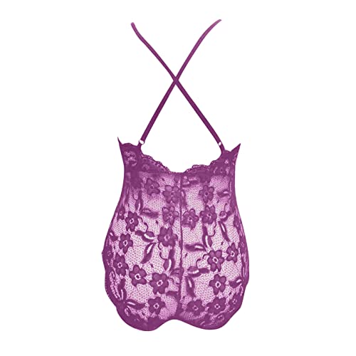 Qopobobo Sexy Lengerie for Women Naughty Women One Piece Lingerie Deep V Teddy Lace Bodysuit Hollow Sexy Halter Sleepwear Purple