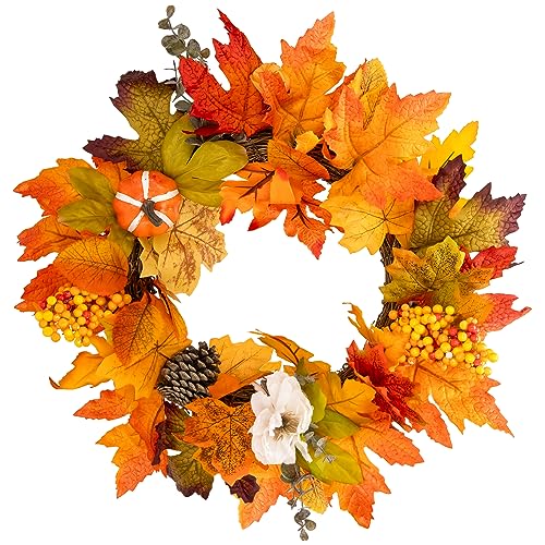 Fall Wreaths 18" Autumn for Front Door Home Decorations Harvest Wreath with Pumpkin Sunflower Berry Maple Leaves Fall Decorations for Outside Indoor Wall Window Festival Thanksgiving Fall Autumn Decor