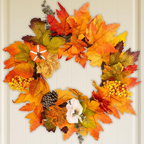 Fall Wreaths 18" Autumn for Front Door Home Decorations Harvest Wreath with Pumpkin Sunflower Berry Maple Leaves Fall Decorations for Outside Indoor Wall Window Festival Thanksgiving Fall Autumn Decor