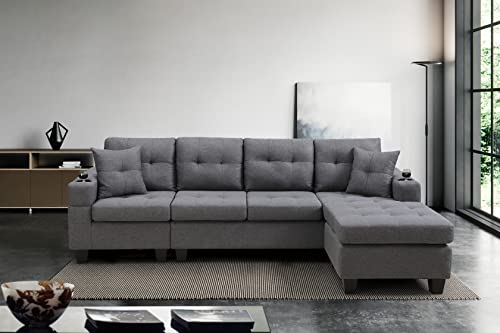 BIADNBZ Reversible Sectional Chaise Lounge and Cupholders, Modern L-Shaped-Couch Corner-Sofas Set w/2 Pillows for Small Space Living Room, Grey