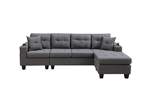 BIADNBZ Reversible Sectional Chaise Lounge and Cupholders, Modern L-Shaped-Couch Corner-Sofas Set w/2 Pillows for Small Space Living Room, Grey
