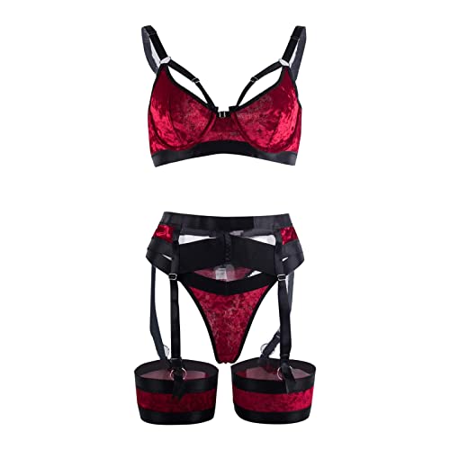 Qopobobo Sexy Lengerie for Women Naughty Garter Lingerie for Women,Sexy Lace,Sheer Matching High Waist Strappy Sleepwear Red