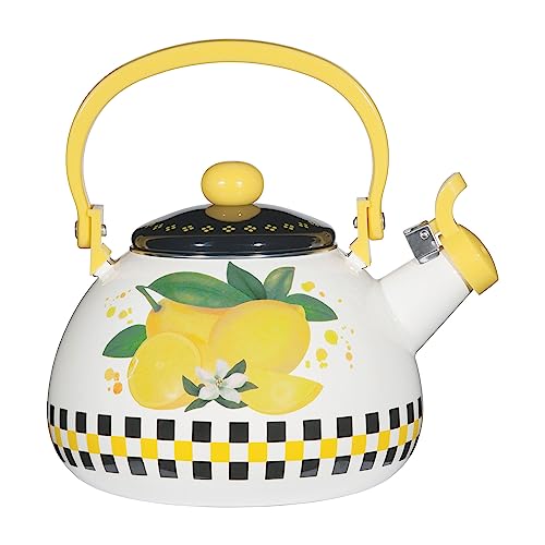 Whistling Tea Kettle for Stove Top Enamel on Steel Teakettle, Supreme Housewares Lemon and Checkered Pattern Teapot Water Kettle Cute Kitchen Accessories Teteras (2 Quart, Lemon)