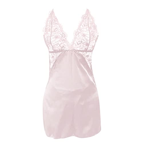 Qopobobo Sexy Lengerie for Women Naughty Lace Deep V Neck Nightwear Satin Sleepwear Mini Chemise Babydoll Teddy Sleepwear Pink