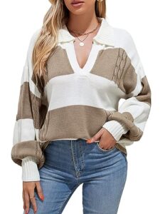 zaful women 2023 striped v neck long sleeve sweater fall lapel collar ribbed knit loose pullover sweater jumper top brown