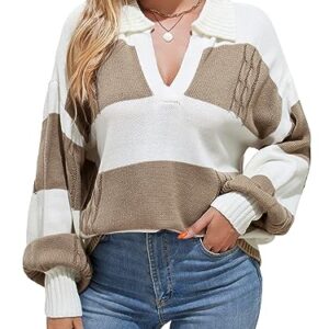 ZAFUL Women 2023 Striped V Neck Long Sleeve Sweater Fall Lapel Collar Ribbed Knit Loose Pullover Sweater Jumper Top Brown