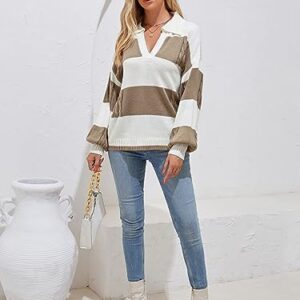 ZAFUL Women 2023 Striped V Neck Long Sleeve Sweater Fall Lapel Collar Ribbed Knit Loose Pullover Sweater Jumper Top Brown