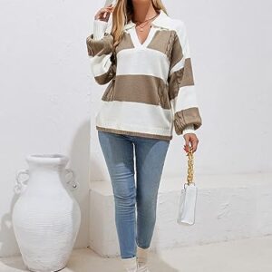 ZAFUL Women 2023 Striped V Neck Long Sleeve Sweater Fall Lapel Collar Ribbed Knit Loose Pullover Sweater Jumper Top Brown