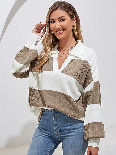 ZAFUL Women 2023 Striped V Neck Long Sleeve Sweater Fall Lapel Collar Ribbed Knit Loose Pullover Sweater Jumper Top Brown
