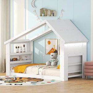 Bellemave House Floor Bed for Kids, Twin Montessori Bed Frame with with LED Light, Storage Headboard & Footboard, Wood Tent/Cabin Beds for Girls Boys Teens, White