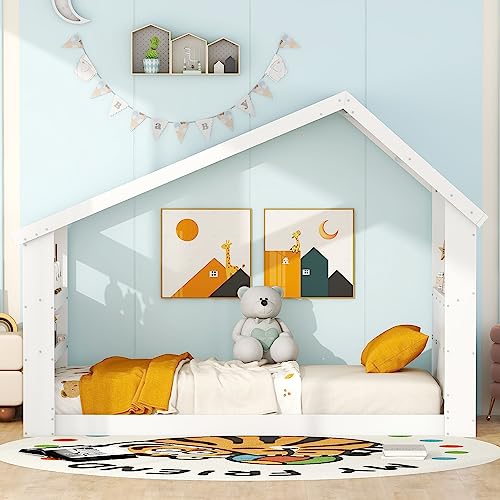 Bellemave House Floor Bed for Kids, Twin Montessori Bed Frame with with LED Light, Storage Headboard & Footboard, Wood Tent/Cabin Beds for Girls Boys Teens, White