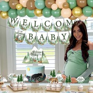 Let the Adventure Begin Baby Shower Decorations Sage Green and Gold Balloon Garland Arch with Welcome Baby Backdrop Banner Cake Toppers for Forest Mountain Adventure Baby Shower Decorations