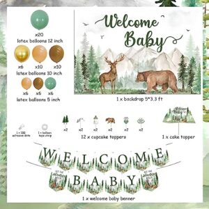 Let the Adventure Begin Baby Shower Decorations Sage Green and Gold Balloon Garland Arch with Welcome Baby Backdrop Banner Cake Toppers for Forest Mountain Adventure Baby Shower Decorations