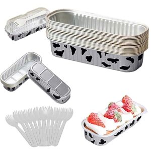 MJPCUAU 12 Pack Mini Loaf Pans with Lids and Spoons, 6.8oz Disposable Rectangle Aluminum Foil Oven Cake Containers, Baking Bread Muffin Dessert Tins for Family Gatherings and Picnic(White)