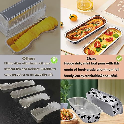 MJPCUAU 12 Pack Mini Loaf Pans with Lids and Spoons, 6.8oz Disposable Rectangle Aluminum Foil Oven Cake Containers, Baking Bread Muffin Dessert Tins for Family Gatherings and Picnic(White)