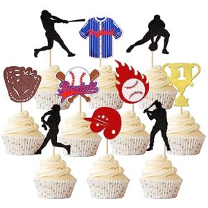 rsstarxi 30 pack baseball cupcake toppers with glitter trophy baseball players sports ball cupcake picks decor for baseball sport theme baby shower kids birthday party cake decorations
