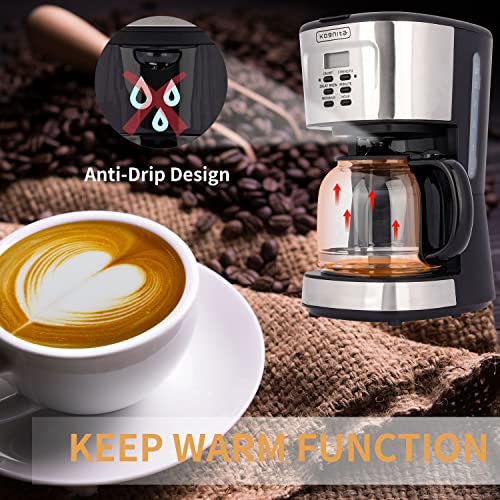 12 Cup Coffee Maker,Programmable Coffee Machine & Ice Tea Maker with Glass Carafe,4-12 Cups Drip Coffee Pot,900W Quick Brew,Auto Keep Warm,Anti-Drip,Brew Strength Control,Small Coffe Maker for Home and Office,Stainless Steel