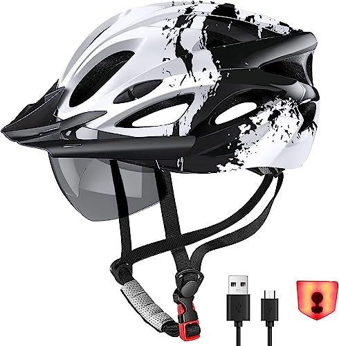 LAMONKE Bike Helmet with USB Rechargeable LED Light Detachable Goggles and Sun Visor, Mountain & Road Bicycle Helmets for Men Women Adult Cycling Helmets
