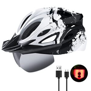 LAMONKE Bike Helmet with USB Rechargeable LED Light Detachable Goggles and Sun Visor, Mountain & Road Bicycle Helmets for Men Women Adult Cycling Helmets