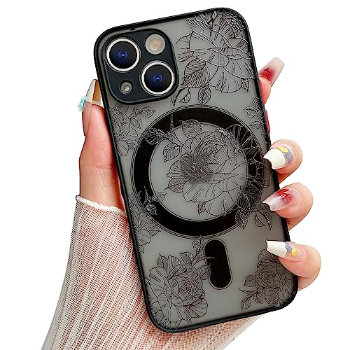 Skyseaco for iPhone 13 Mini Case Compatible with MagSafe for Black Frosted PC Back Protector Flower Shockproof Black Floral Blooms Design Protective Women Girls Phone Case - Flower Blooms/Black