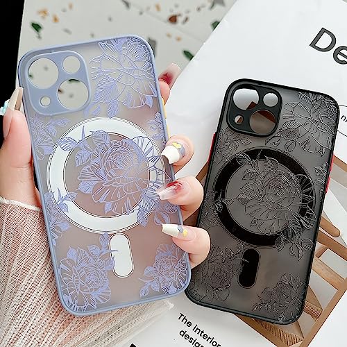 Skyseaco for iPhone 13 Mini Case Compatible with MagSafe for Black Frosted PC Back Protector Flower Shockproof Black Floral Blooms Design Protective Women Girls Phone Case - Flower Blooms/Black