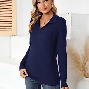 Romanstii Women's Knitted Polo Sweaters Long Sleeve V Neck Collared Shirts Winter Pullover Tops,Navy Blue,L