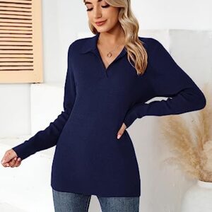 Romanstii Women's Knitted Polo Sweaters Long Sleeve V Neck Collared Shirts Winter Pullover Tops,Navy Blue,L