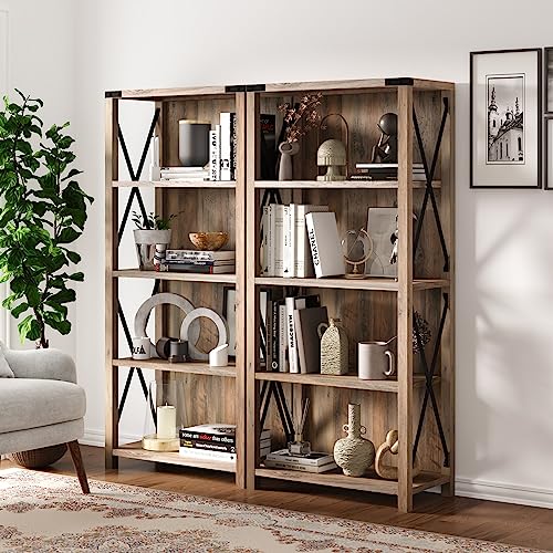 AMERLIFE 4-Tier Bookshelf, Set of 2 Tall Industrial Book Shelf, Rustic Wood & Metal X Frame Farmhouse Bookcase & Bookshelves, for Living Room, Bedroom, Barn Wood