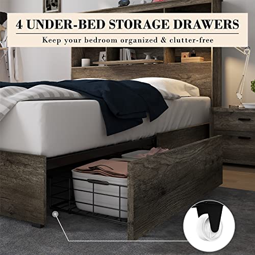 AMERLIFE King Size Bed Frame Wooden Platform Bed with 51.2'' Storage Bookcase Headboard, 4 Storage Drawers & Charging Station/No Box Spring Needed/Noise Free/Rustic Grey,WBF-142