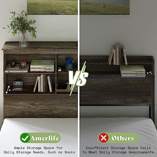 AMERLIFE King Size Bed Frame Wooden Platform Bed with 51.2'' Storage Bookcase Headboard, 4 Storage Drawers & Charging Station/No Box Spring Needed/Noise Free/Rustic Grey,WBF-142