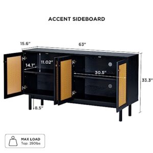 AMERLIFE 63'' Sideboard Buffets Cabinet, 2-Adjustable Shelves Storage Cabinet & 4 Doors, Large Accent Storage Credenzas for Living Room, Dining Room, Bedroom, Black,CBS002 102A