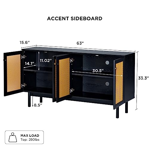 AMERLIFE 63'' Sideboard Buffets Cabinet, 2-Adjustable Shelves Storage Cabinet & 4 Doors, Large Accent Storage Credenzas for Living Room, Dining Room, Bedroom, Black,CBS002 102A