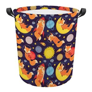 Cute Fox in Space Laundry Hamper Round Canvas Fabric Baskets with Handles Waterproof Collapsible Washing Bin Clothes Bag