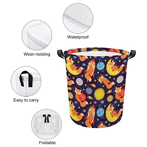 Cute Fox in Space Laundry Hamper Round Canvas Fabric Baskets with Handles Waterproof Collapsible Washing Bin Clothes Bag