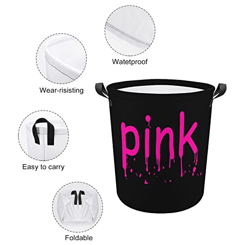I Love Pink Laundry Hamper Round Canvas Fabric Baskets with Handles Waterproof Collapsible Washing Bin Clothes Bag