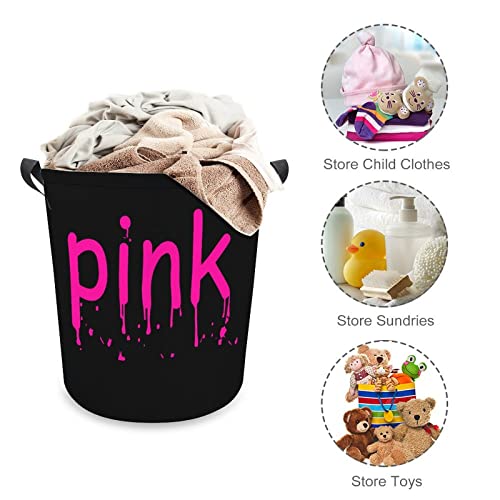 I Love Pink Laundry Hamper Round Canvas Fabric Baskets with Handles Waterproof Collapsible Washing Bin Clothes Bag