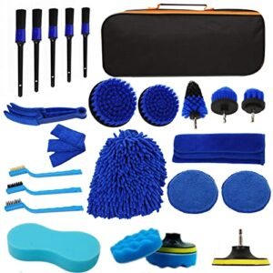 Zenply 23Pcs Car Detailing Brush Kit, Interior Car Cleaning Kit Supplies Exterior Car Polishing Driller Attachment Pad Set with Carry Bag for Automobile,Wheels, Dashboard, Leather, Air Vents Blue