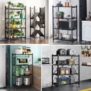 Txxplv 4-Tier Folding Shelf Storage Shelves Heavy Duty Foldable Metal Shelving Units Racks with Wheels No Assembly Required Great for Kitchen and Garage Shelf