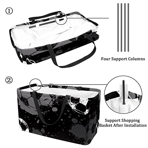 Large Collapsible Utility Tote,Reusable Grocery Shopping Bag Football Soccer Black White