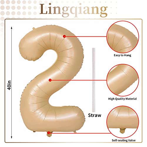 40" Neutral Number 2 Balloon for Boys Girls, Large Self Inflating Nude Helium Foil Number Balloons Set 0-9 for Women Men 2nd Birthday Graduation Anniversary Wedding Party Decorations Supplies