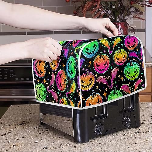 Gomyblomy Pumpkins & Bats Print Toaster Cover, Halloween Themed Microwave Protector with Handles, Lightweight Washable 4-Slice Toaster Dust Cover, Holiday Decoration