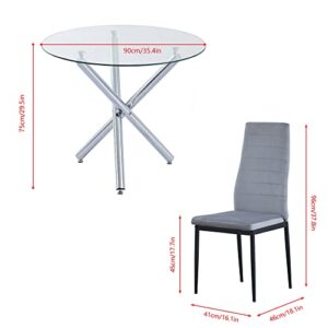 Ansley&HosHo Modern Dining Table and Chair Set, 35.4" Round Glass Dining Table with 4 Grey Velvet Dining Chairs, 5-Piece Dining Room Set Kitchen Table Set Dinette Set, Home Kitchen Furniture